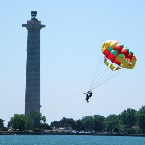 a parachute with a body of water