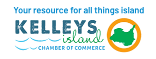 Logo: Kelleys Island Chamber of Commerce with island silhouette and waves.