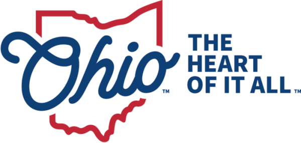Ohio logo with state outline and slogan 'The Heart of It All' in blue and red.