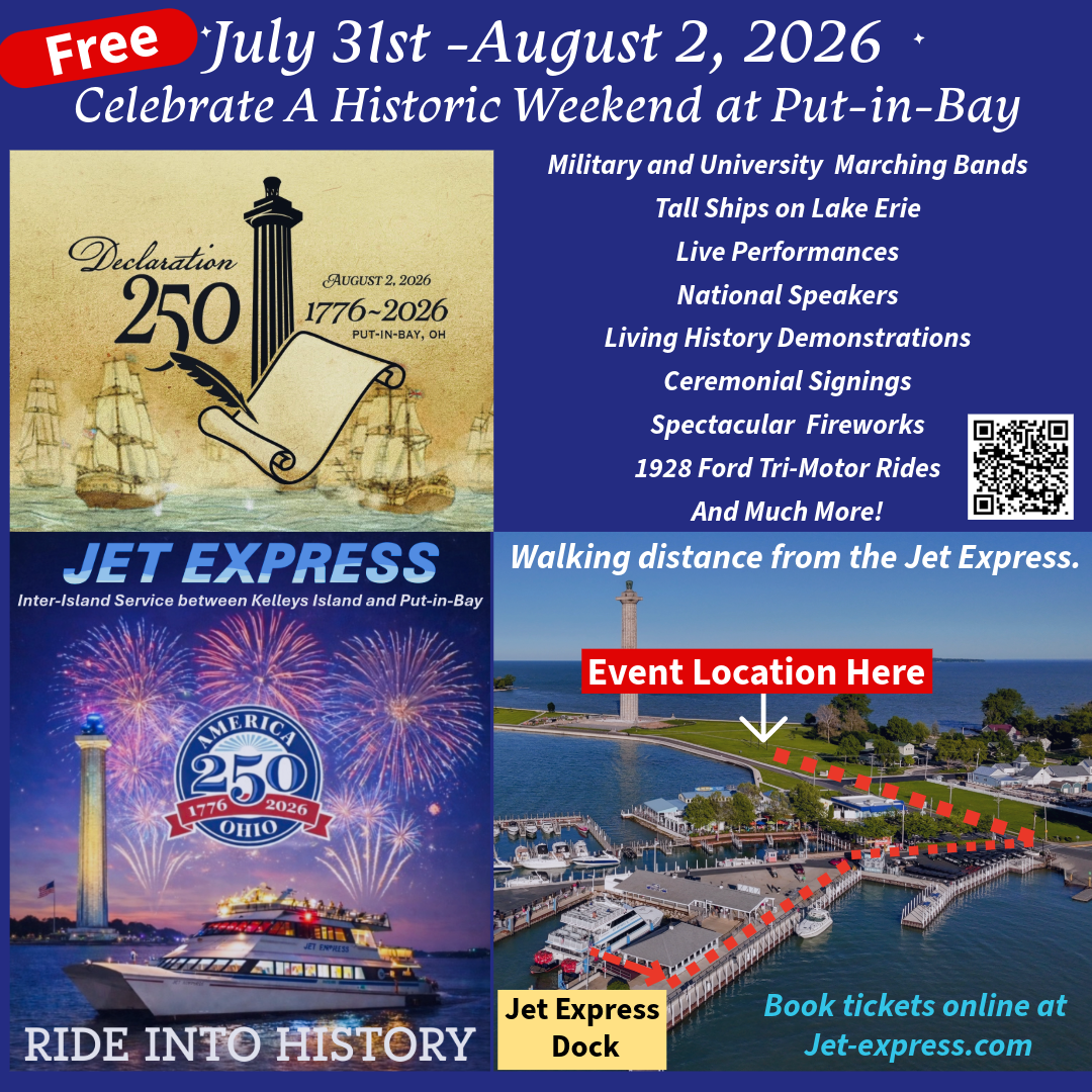Event poster for Put-in-Bay celebration from July 31-August 2, 2026, featuring fireworks and various activities.