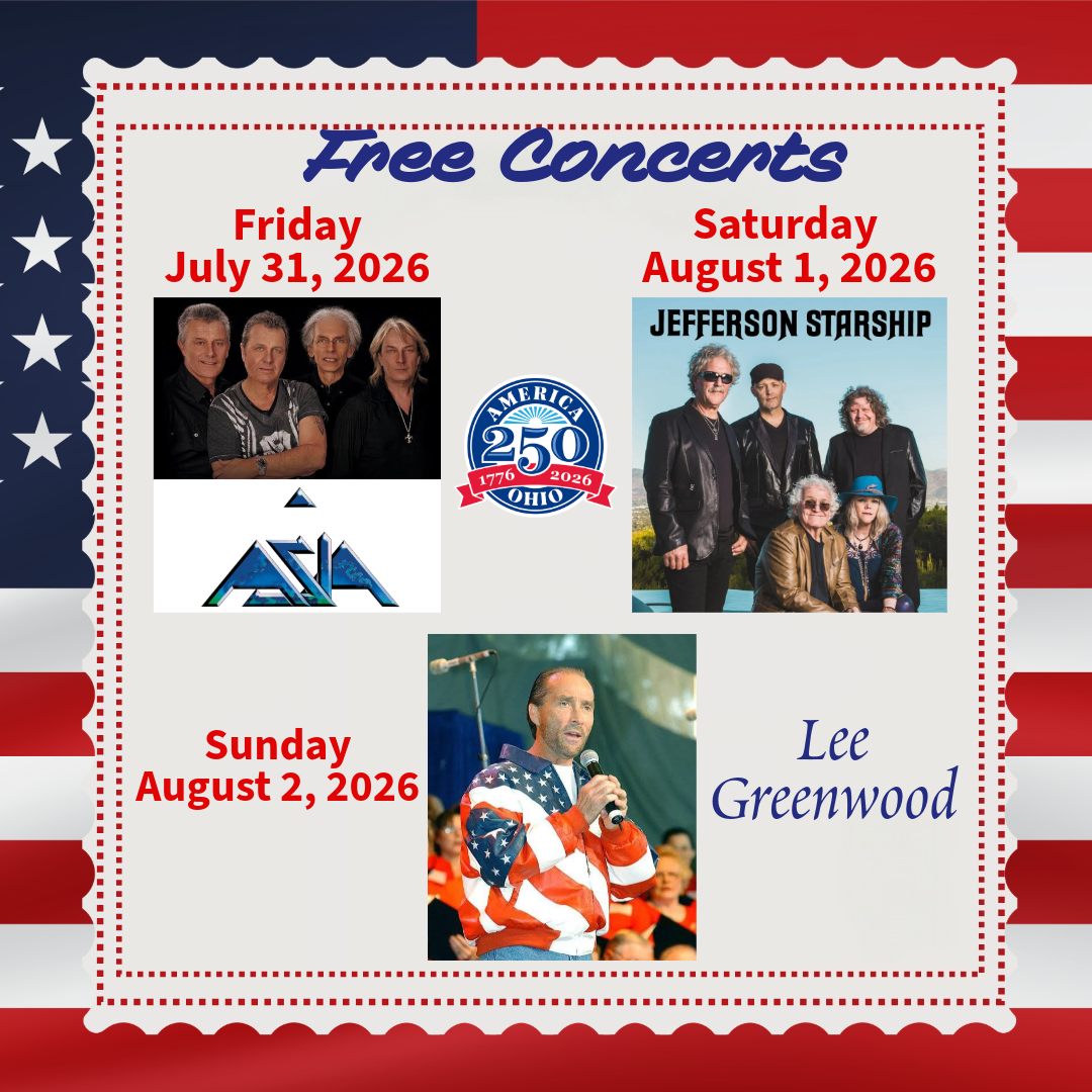 Free concerts flier with band photos and dates against a USA flag background.