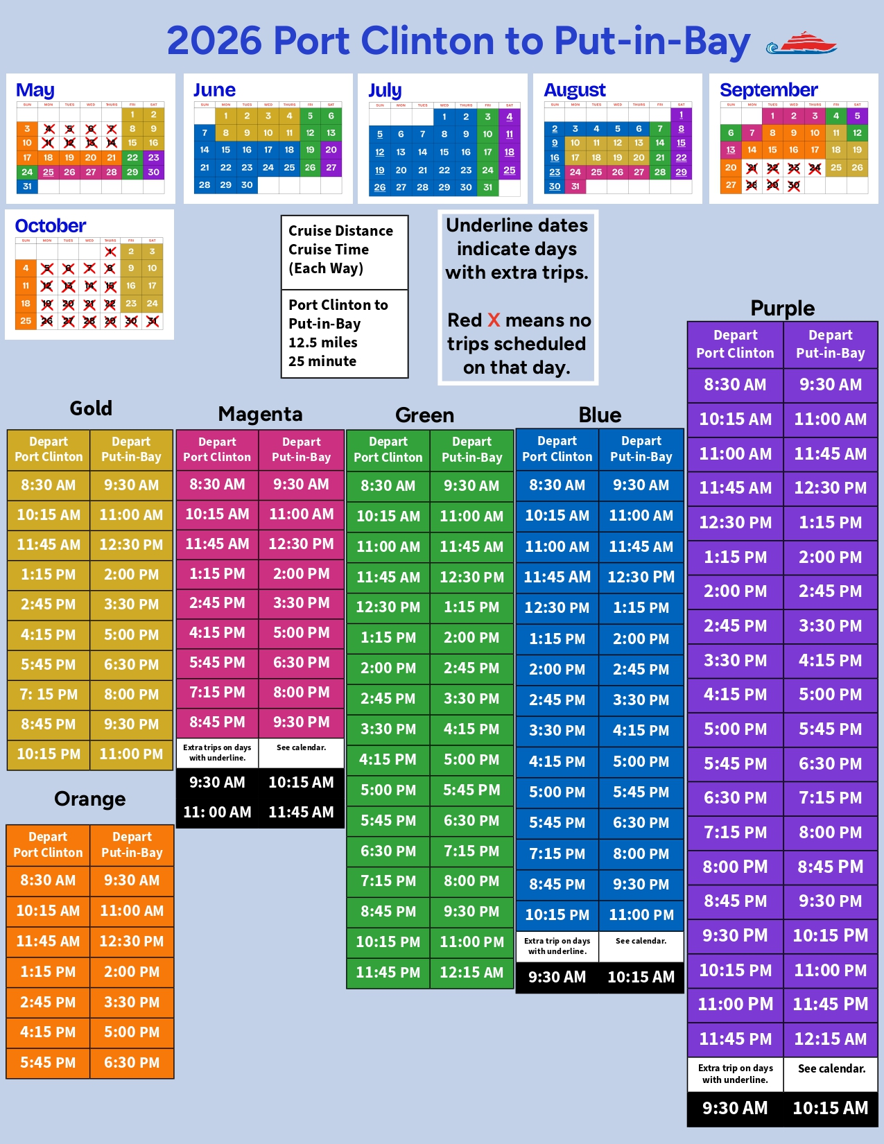 Ferry schedule for 2026 Port Clinton to Put-in-Bay with monthly calendars and departure times in color-coded sections.