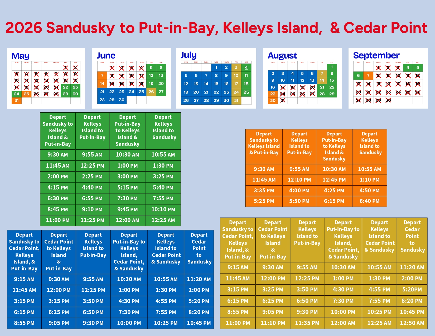 2026 ferry schedules for Sandusky, Put-in-Bay, Kelleys Island, Cedar Point with monthly calendars and times.