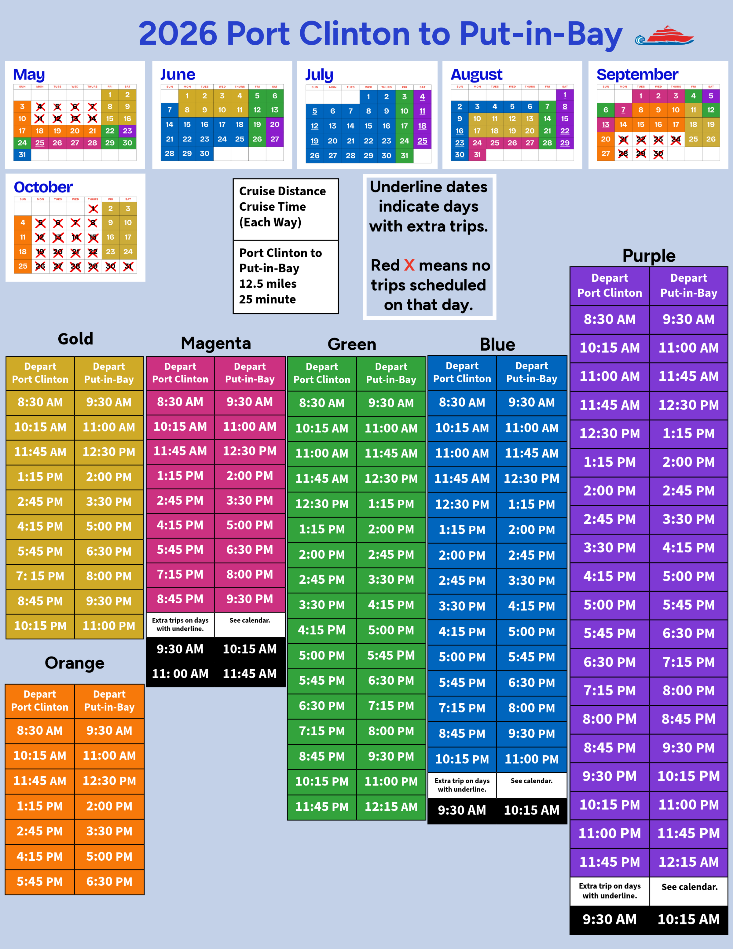 Color-coded 2026 ferry schedules for Port Clinton to Put-in-Bay, includes months and times, with no-trip days marked.